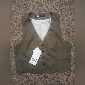 NWT Zara Olive Green Linen Vest With Satin Cream Lining Buttons 2 Faux Pockets
